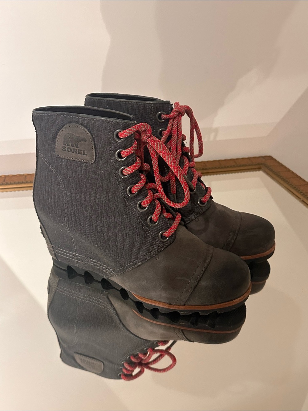 Sorel Black Ankle Boots with Red Lace-Up Detail